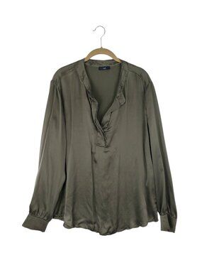 Ruti Washable Silk Top Long Sleeve Split Neck Olive Green Babydoll Womens 16